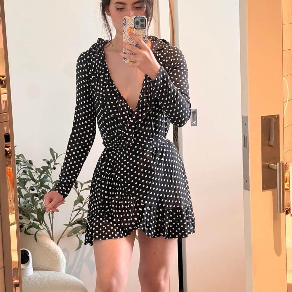 Black and White Polka Dot Wrap Mini Dress